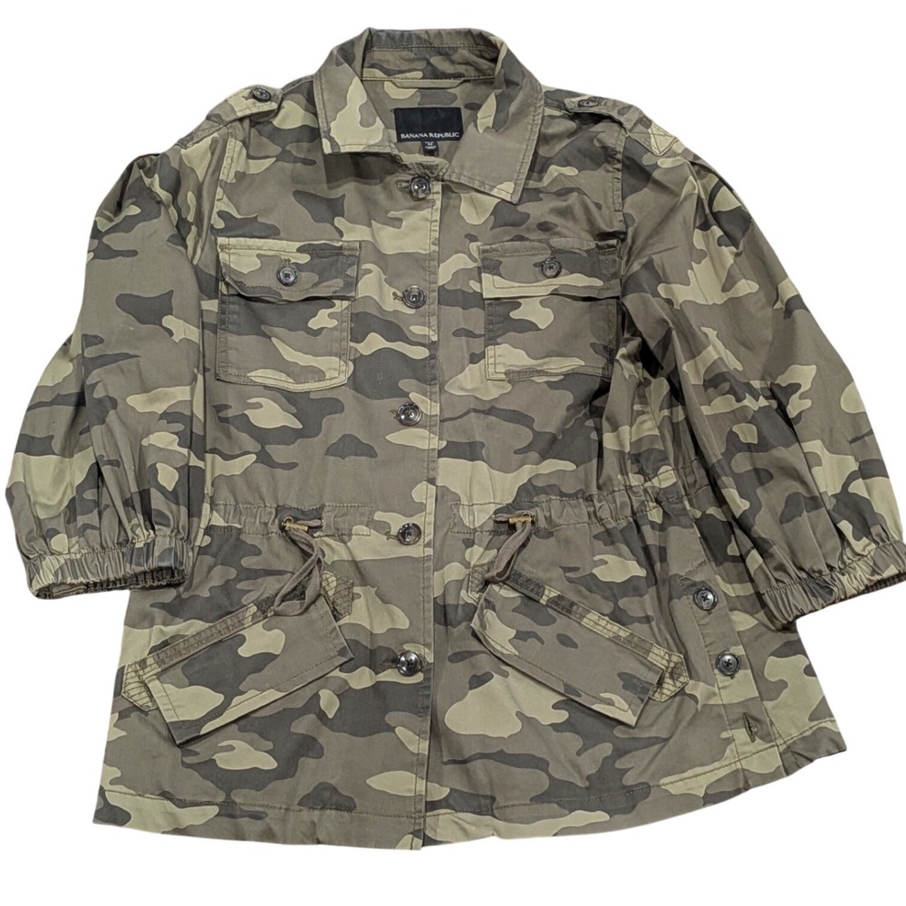 BANANA REPUBLIC Womens Camouflage Utility Field Jacket Petite MEDIUM Green Camo